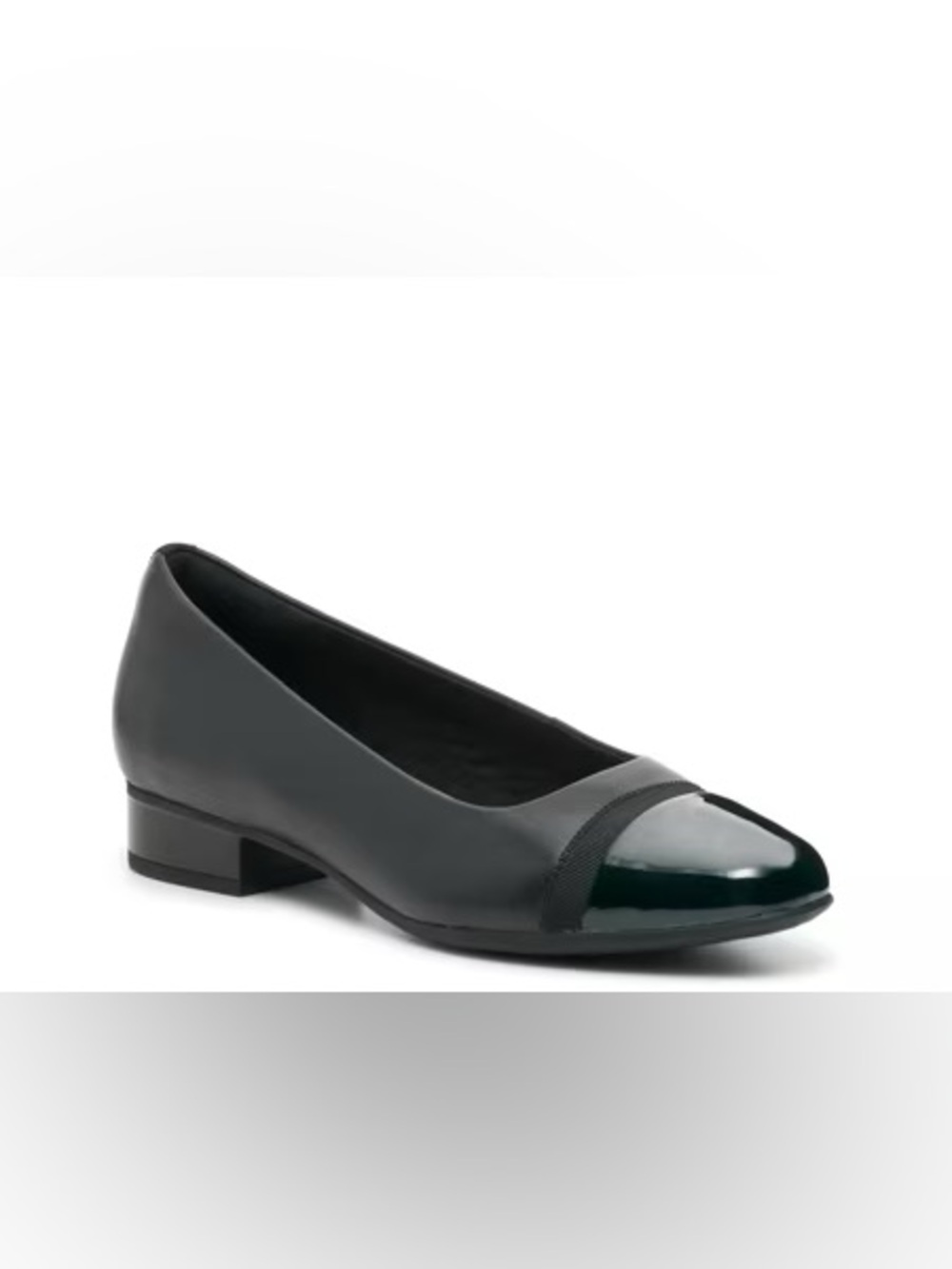 Clarks Juliet Monte Black Low Block Heel Pump with Gloss Cap Toe